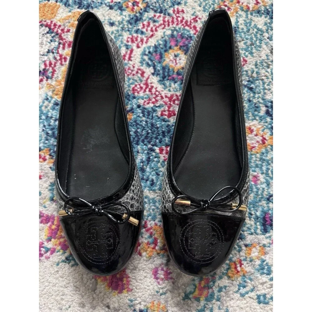 TORY BURCH Verbena Snake Leather  Slipon Logo Bow Ballet Flats Size 7